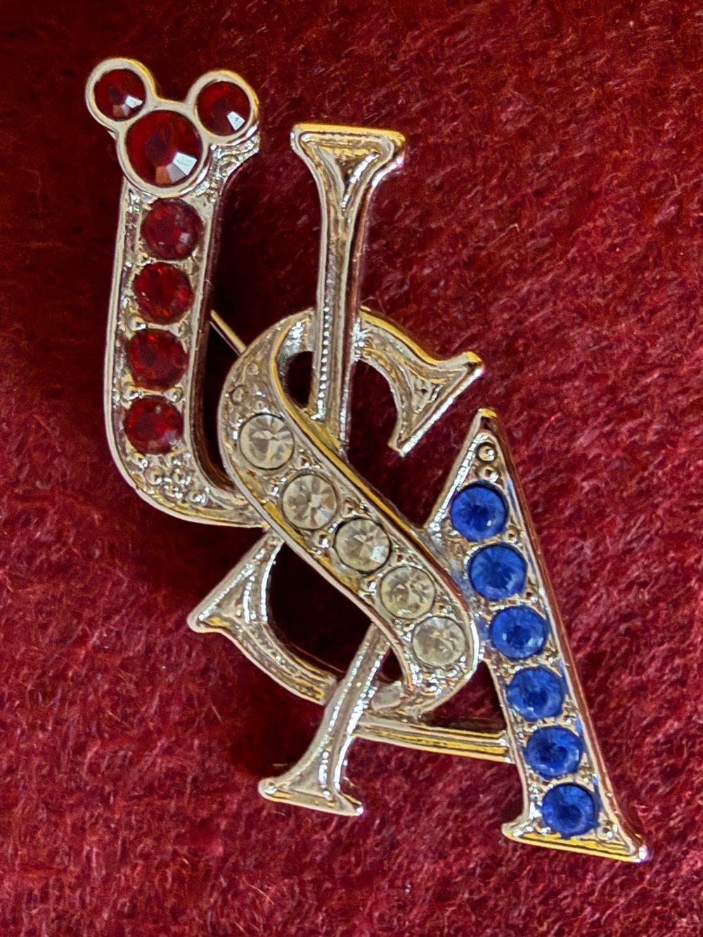 Disney Vintage Vertical USA Red Clear Blue Rhinestone Silvertone Brooch Pin